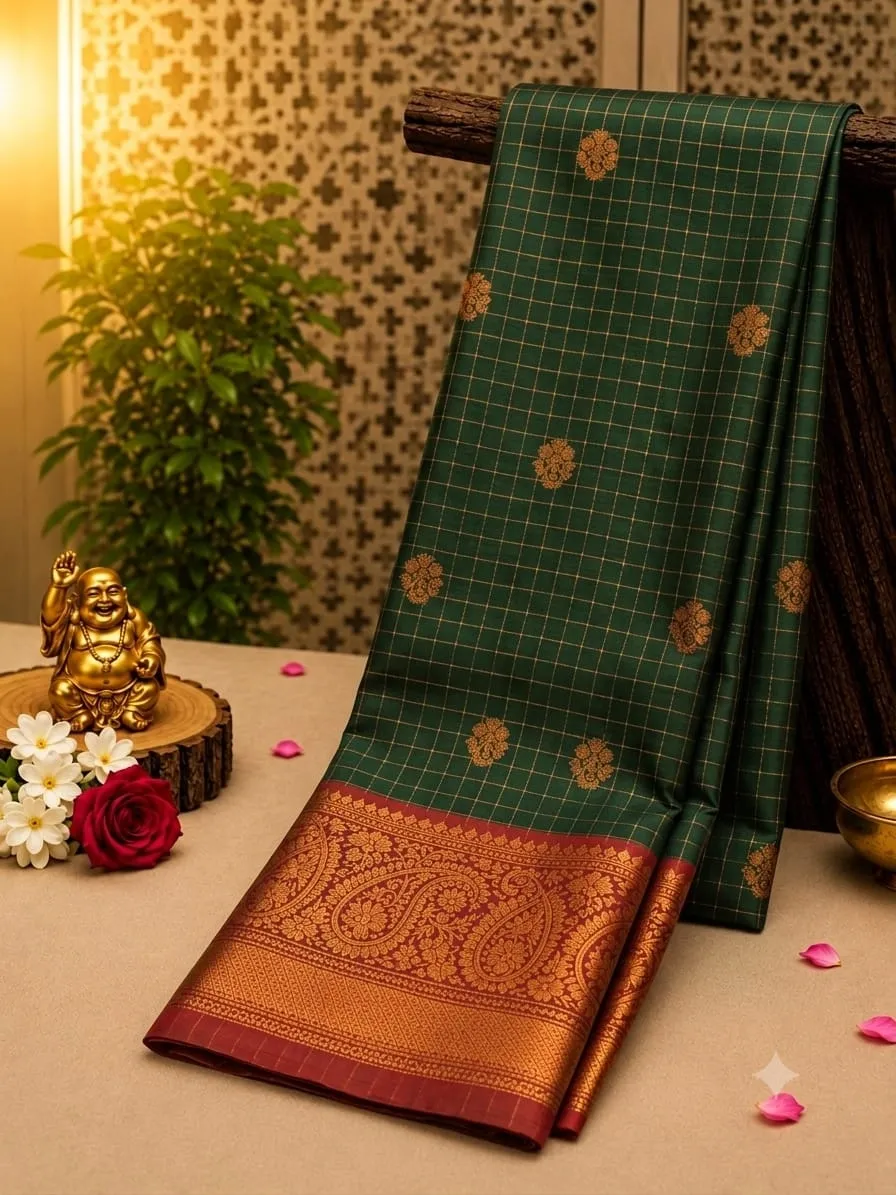 Checked Silk-Blend Soft Silk Rich Contrast Saree